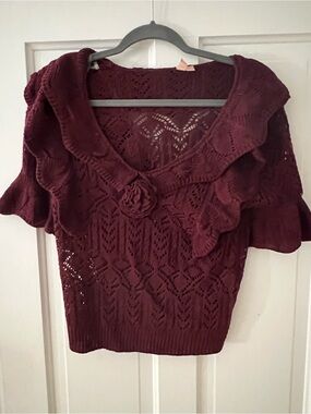 Ruffled Open-Knit V-Neck Crochet Sweater in Burgundy